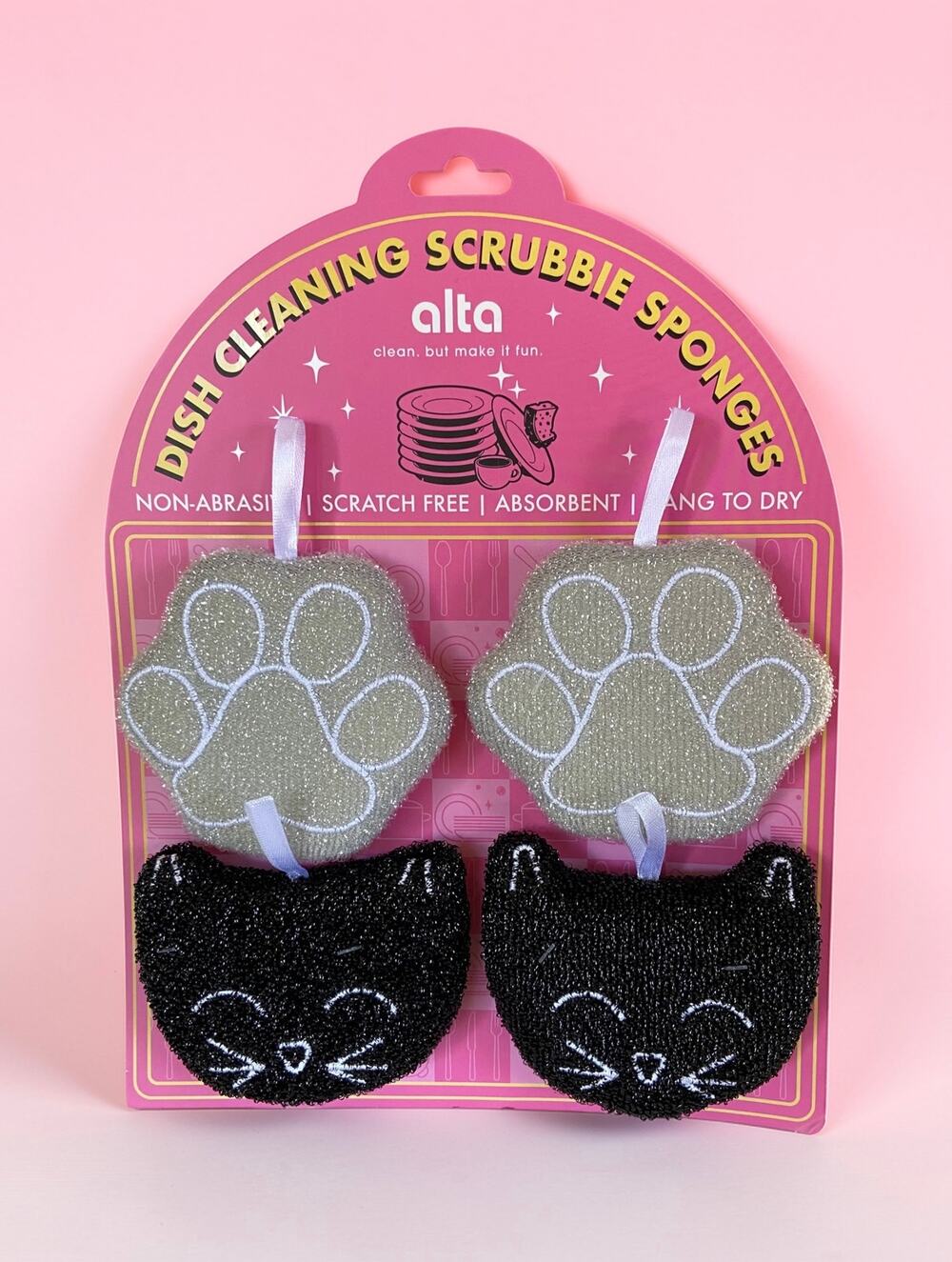 NEW Alta Gray Paws & Black Cat Kitchen Scrubbie Sponges Set of 4 Scratch Free